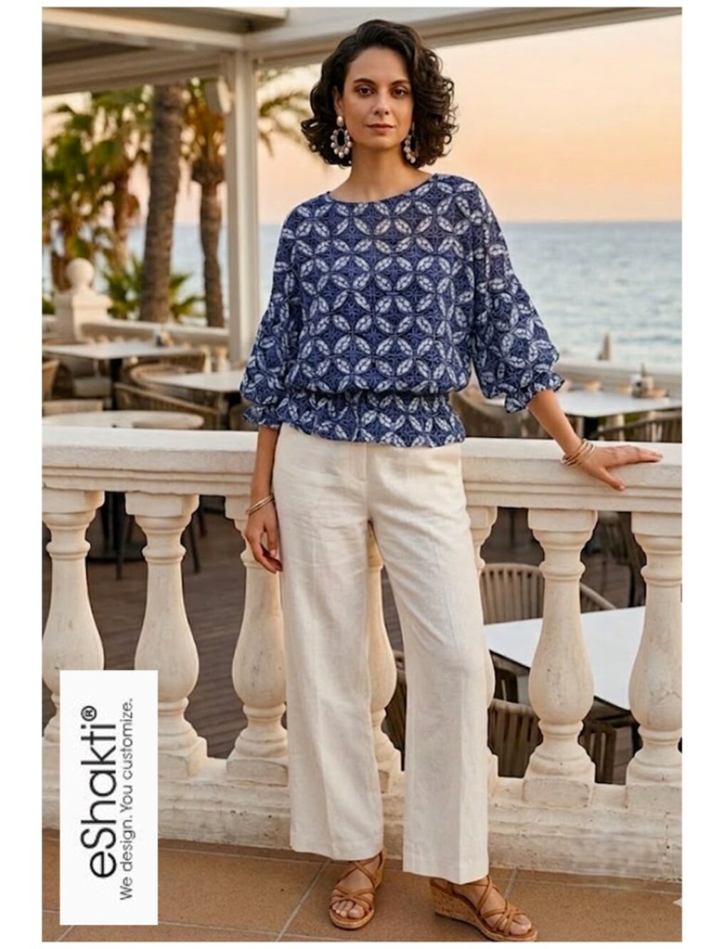 (3 for $30) NWOT - eShakti blue and white print sheer top